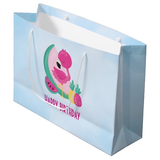 Roze Flamingo met Watermeloen en ananas Groot Cadeauzakje (Voorkant Gekanteld)