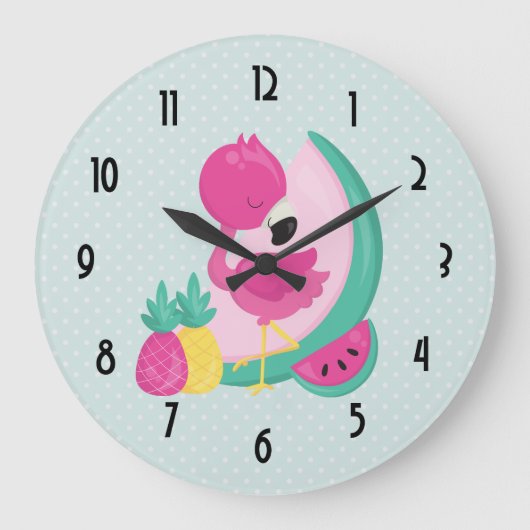 Roze Flamingo met Watermeloen en ananas Grote Klok (Voorkant)