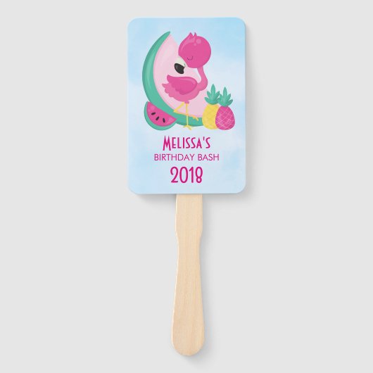 Roze Flamingo met Watermeloen en ananas Handwaaier (Voorkant)