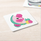 Roze Flamingo met Watermeloen en ananas Kartonnen Onderzetters (Schuin)