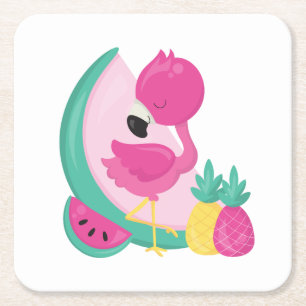 Roze Flamingo met Watermeloen en ananas Kartonnen Onderzetters
