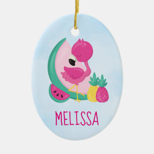 Roze Flamingo met Watermeloen en ananas Keramisch Ornament