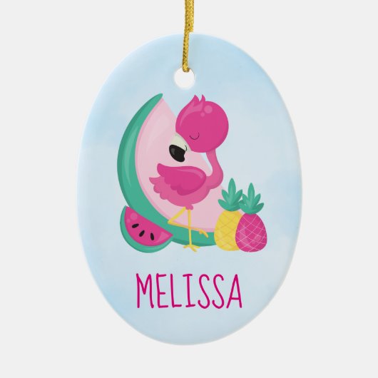 Roze Flamingo met Watermeloen en ananas Keramisch Ornament (Voorkant)