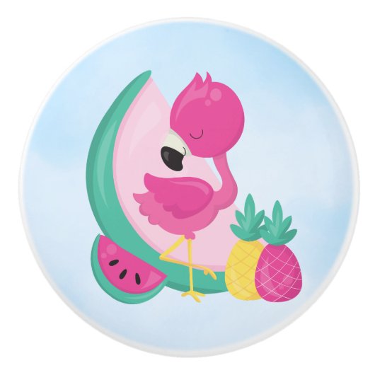 Roze Flamingo met Watermeloen en ananas Keramische Knop (Voorkant)