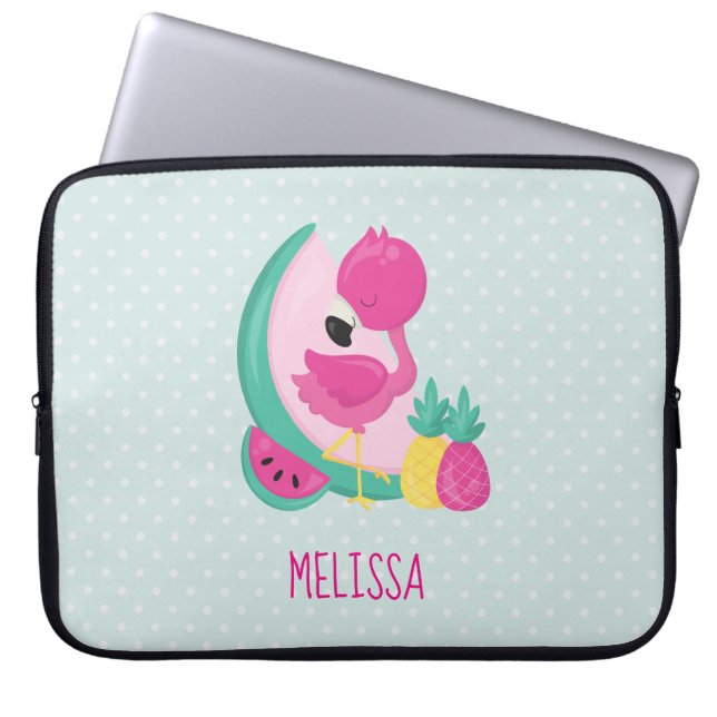 Roze Flamingo met Watermeloen en ananas Laptop Sleeve (Voorkant)