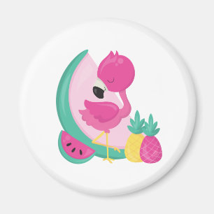 Roze Flamingo met Watermeloen en ananas Magneet