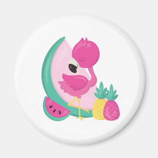 Roze Flamingo met Watermeloen en ananas Magneet (Voorkant)