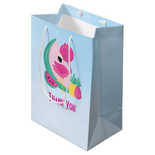 Roze Flamingo met Watermeloen en ananas Medium Cadeauzakje (Voorkant Gekanteld)