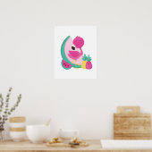 Roze Flamingo met Watermeloen en ananas Poster (Keuken)
