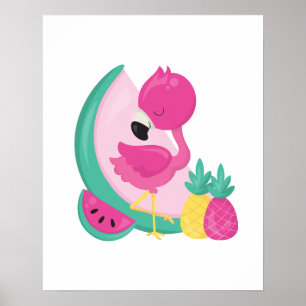 Roze Flamingo met Watermeloen en ananas Poster