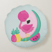 Roze Flamingo met Watermeloen en ananas Rond Kussen (Achterkant)