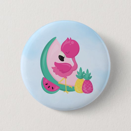 Roze Flamingo met Watermeloen en ananas Ronde Button 5,7 Cm (Voorkant)