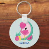 Roze Flamingo met Watermeloen en ananas Sleutelhanger (Voorkant)