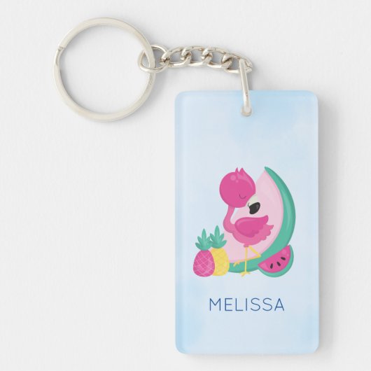 Roze Flamingo met Watermeloen en ananas Sleutelhanger (Voorkant)