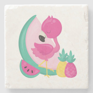 Roze Flamingo met Watermeloen en ananas Stenen Onderzetter