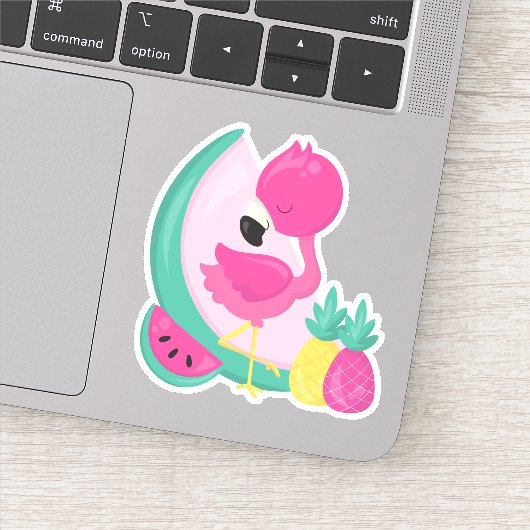Roze Flamingo met Watermeloen en ananas Sticker (Detail)