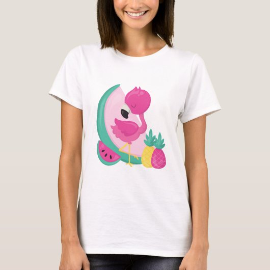 Roze Flamingo met Watermeloen en ananas T-shirt (Voorkant)