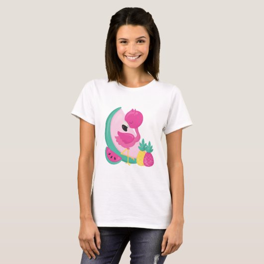 Roze Flamingo met Watermeloen en ananas T-shirt (Voorkant volledig)