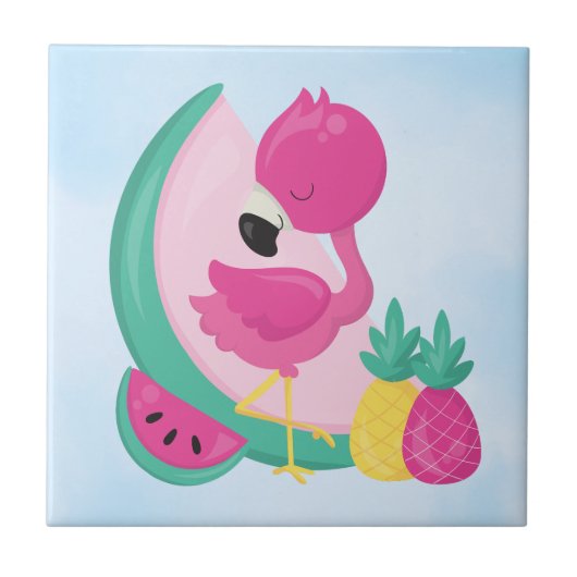 Roze Flamingo met Watermeloen en ananas Tegeltje (Voorkant)