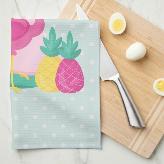 Roze Flamingo met Watermeloen en ananas Theedoek (Quarter Fold)