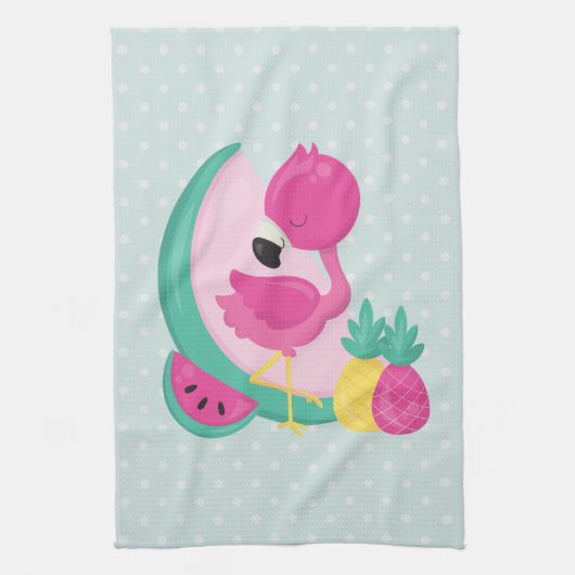 Roze Flamingo met Watermeloen en ananas Theedoek (Verticaal)