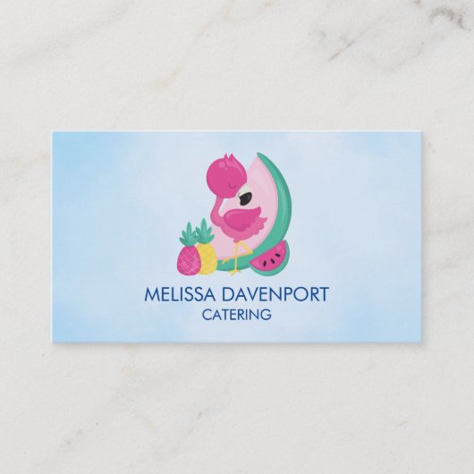 Roze Flamingo met Watermeloen en ananas Visitekaartje (Voorkant)
