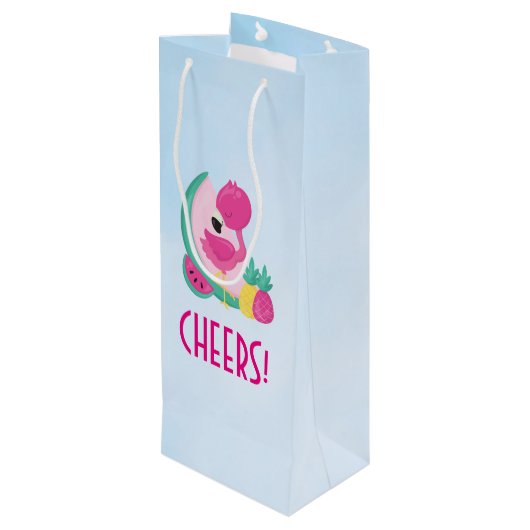 Roze Flamingo met Watermeloen en ananas Wijn Cadeautas (Achterkant Gekanteld)