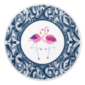 Roze Flamingo met witte & blauwe wervelingen Keramische Knop (Voorkant)