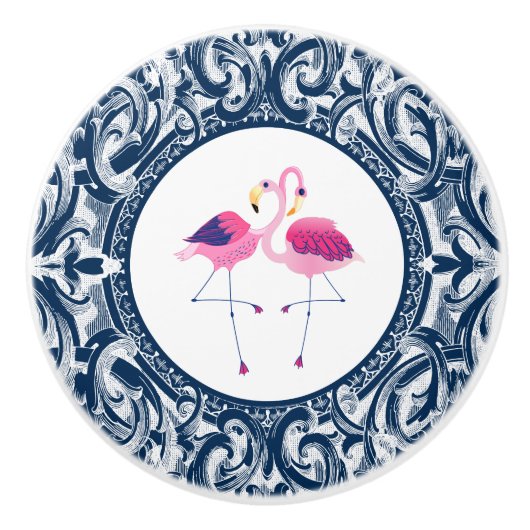 Roze Flamingo met witte & blauwe wervelingen Keramische Knop (Voorkant)