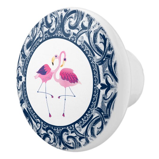 Roze Flamingo met witte & blauwe wervelingen Keramische Knop (Rechts)