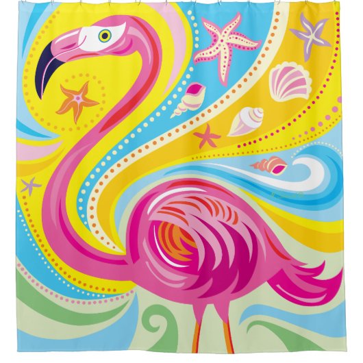 Roze Flamingo met Zeester Douchegordijn (Voorkant)