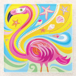 Roze Flamingo met Zeester Glazen Onderzetter