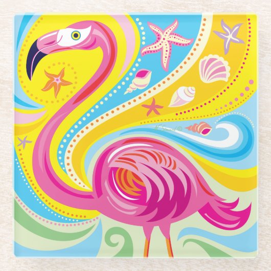 Roze Flamingo met Zeester Glazen Onderzetter (Voorkant)