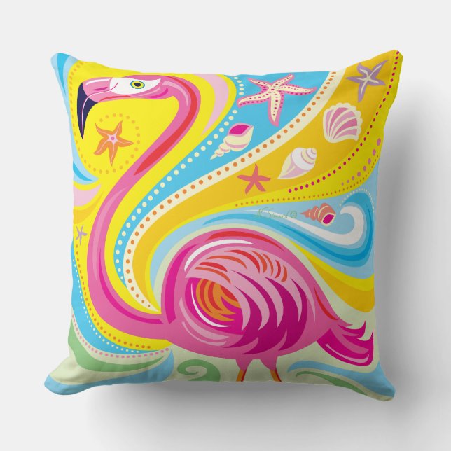 Roze Flamingo met Zeester Kussen (Voorkant)