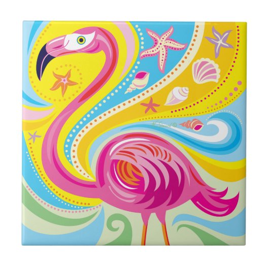 Roze Flamingo met Zeester Tegeltje (Voorkant)