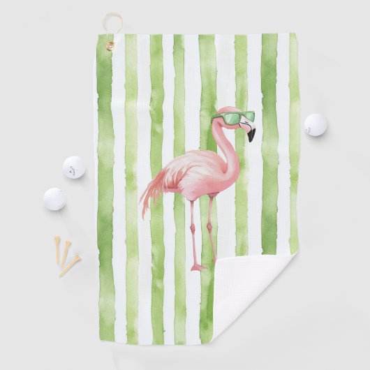 Roze flamingo met zonnebril Groene strepen Golfhanddoek (Insitu)