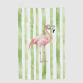 Roze flamingo met zonnebril Groene strepen Golfhanddoek (Voorkant)