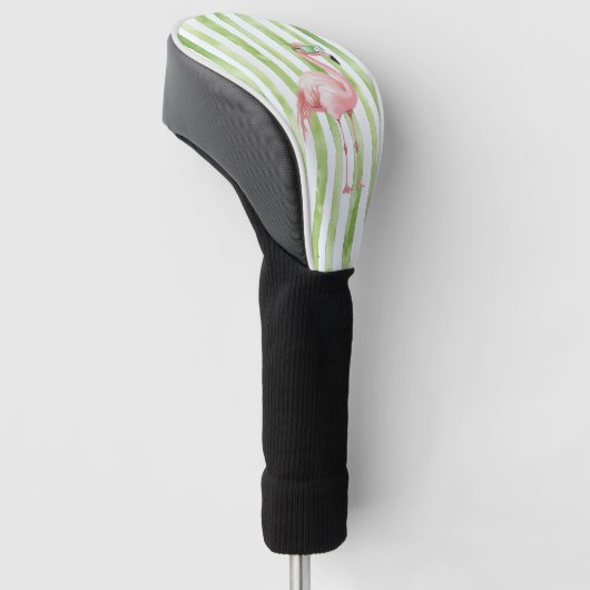 Roze flamingo met zonnebril Groene strepen Golfheadcover (Schuin)