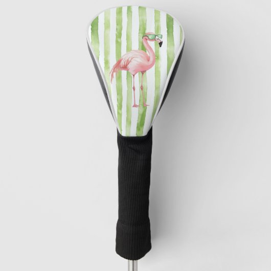 Roze flamingo met zonnebril Groene strepen Golfheadcover (Voorkant)