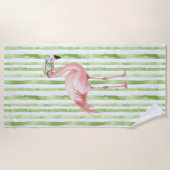 Roze flamingo met zonnebril Groene strepen Strandlaken (Voorkant)