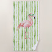 Roze flamingo met zonnebril Groene strepen Strandlaken (Voorkant)