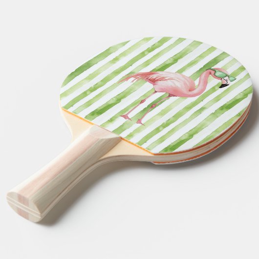 Roze flamingo met zonnebril Groene strepen Tafeltennisbatje (Voorkant Gekanteld)