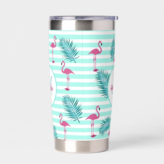 Roze flamingo mint groene strepen palmbladeren geïsoleerde drinkbeker (Links)