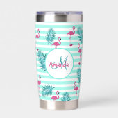 Roze flamingo mint groene strepen palmbladeren geïsoleerde drinkbeker (Voorkant)