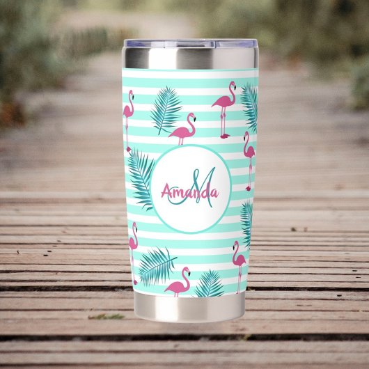 Roze flamingo mint groene strepen palmbladeren geïsoleerde drinkbeker
