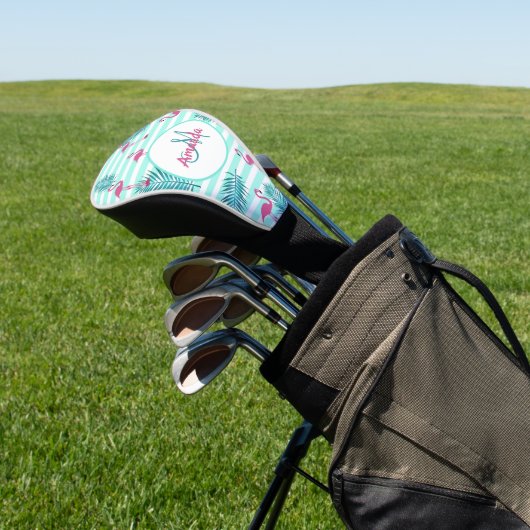 Roze flamingo mint groene strepen palmbladeren golfheadcover (Insitu)