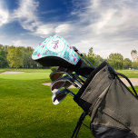 Roze flamingo mint groene strepen palmbladeren golfheadcover<br><div class="desc">Witte en mintgroene strepen,  versierd met roze flamingo's en palmboombladeren. Personaliseer en voeg uw monogram initiaal en voornaam toe. Roze en groene tekst.</div>