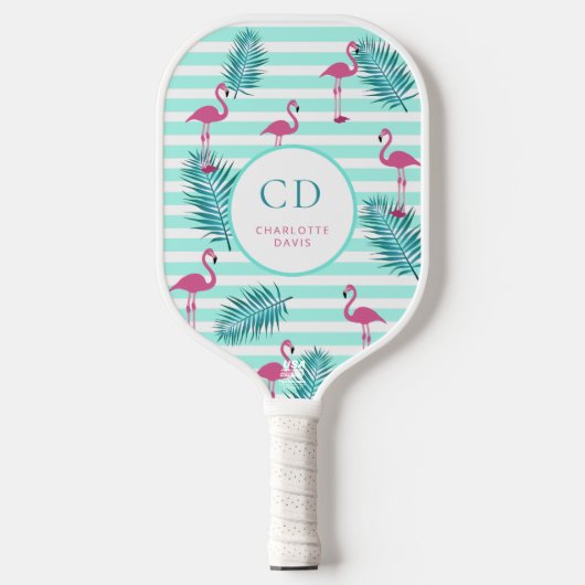 Roze flamingo mint groene strepen palmbladeren naa pickleball paddle (Voorkant)