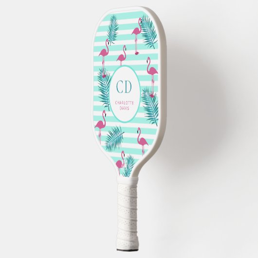 Roze flamingo mint groene strepen palmbladeren naa pickleball paddle (Links)