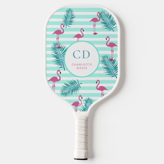 Roze flamingo mint groene strepen palmbladeren naa pickleball paddle (Achterkant)